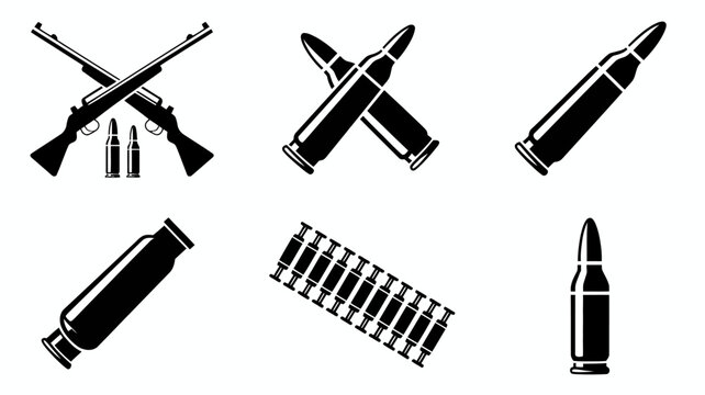 Assorted black and white ammunition and rifles icon set