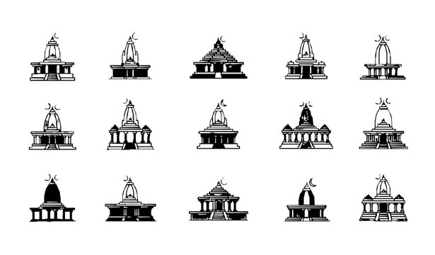 12 Lord Shiva Jyotirlinga Temple Vector Icons Set with Flat Sacred Hindu Shrine Symbols