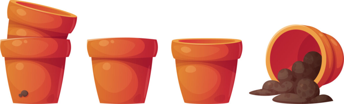 Set of terracotta flower pots. Stacked pots, empty containers and a pot with spilled soil on white background. Flat vector illustration. Perfect for gardening guide, plant care tutorial or educational