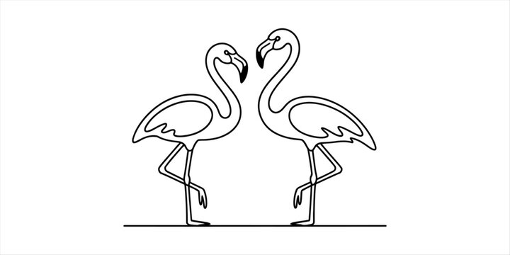 Two elegant flamingos standing on one leg, facing each other, line art illustration Vector, illustration