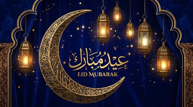 Decorative eid mubarak banner with crescent moon, lanterns