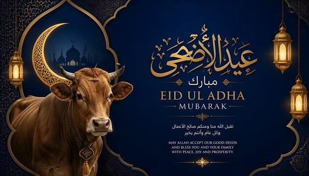 Eid ul adha qurbani mubarak greeting with brown cow