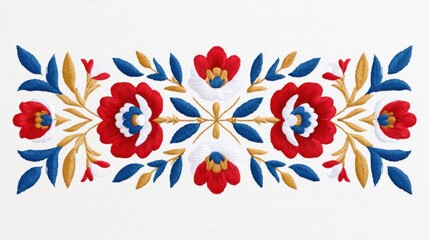 Obraz premium Traditional Eastern European folk embroidery featuring vibrant red, blue, and yellow floral patterns on a white background, showcasing intricate stitching techniques and cultural artistry