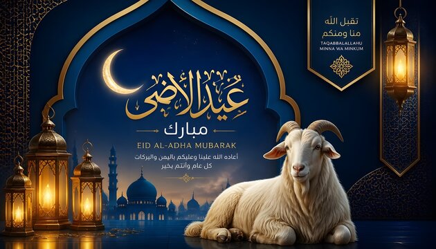 Eid ul adha qurbani mubarak with sheep and lanterns