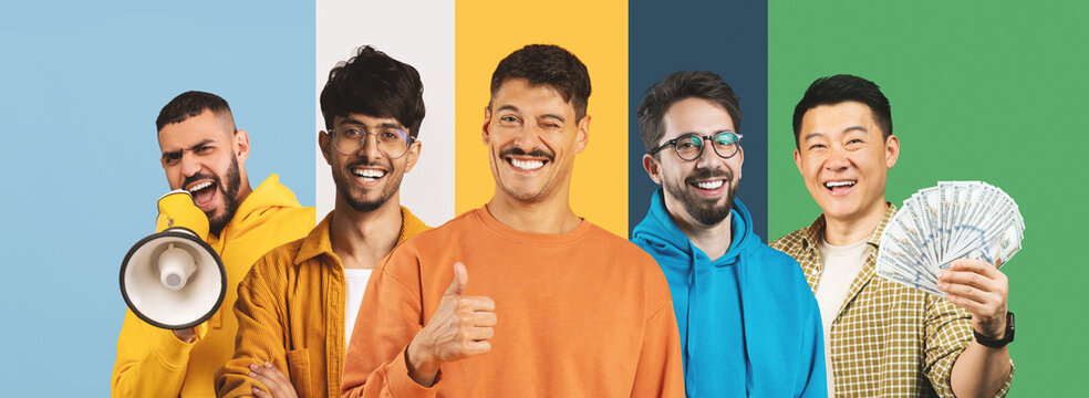 Five men are standing side by side in a studio with colorful backgrounds. They show different expressions while looking directly at the camera. The scene feels lively and engaging.