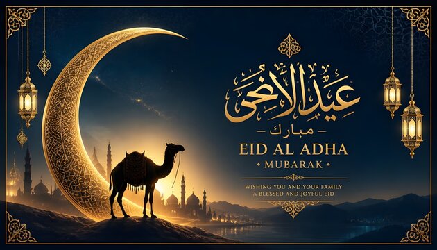 Eid ul adha qurbani mubarak camel silhouette with moon