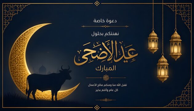 Eid ul adha qurbani mubarak cow silhouette and golden moon