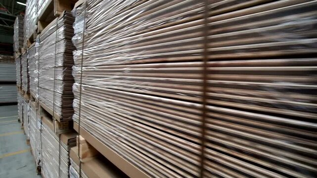 Cardboard stacks and boxed pallets in warehouse storage
