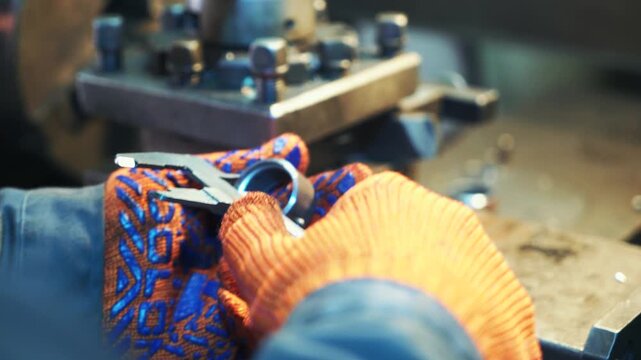 Worker Measuring Metal Part with Caliper in Workshop