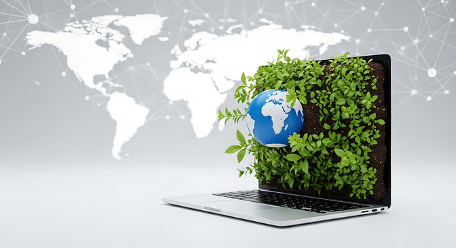 Modern laptop computer with a green plant growing from the screen and a digital globe against a global network background