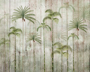 wooden background with tropical tree and fence and green look 