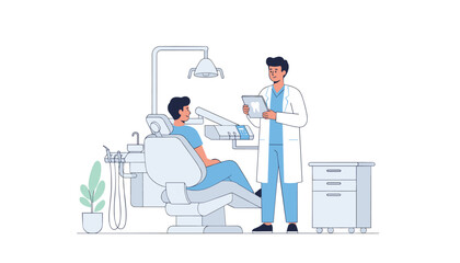 Fototapeta premium A dentist in a white lab coat holds a tablet with a tooth image while consulting with a patient in a dental chair in a modern office.