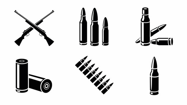 Assorted black and white ammunition and rifles icon set