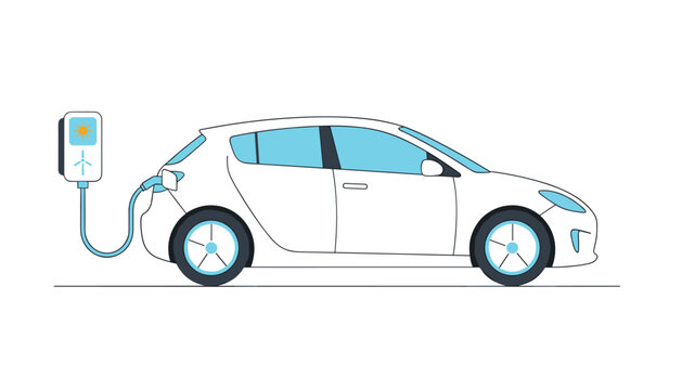 A white electric car is parked and connected to a charging station that features renewable energy icons.