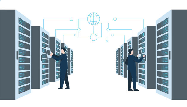 Two technicians manage data racks in a server room with blue network connection lines and a globe icon representing global connectivity.