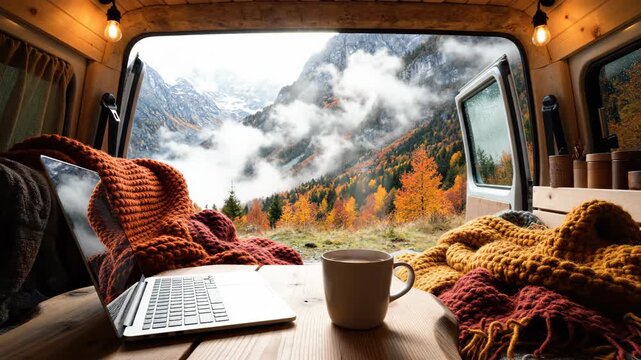 Freelance worker with laptop inside camper van looking at autumn mountain view. Remote work during trip in nature. Cozy interior with coffee mug and warm blanket.