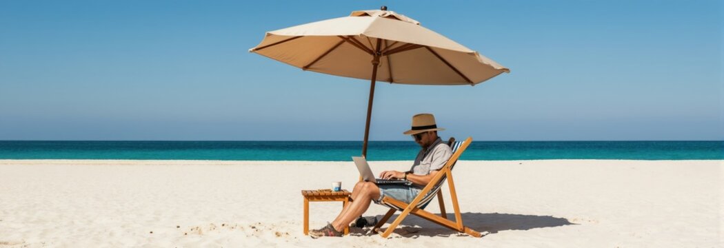Man types on laptop at beach under umbrella. Remote worker enjoys ocean view from lounger. Digital nomad works online, typing on computer near sea waves. Summer freelance job.
