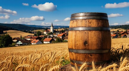 Obraz premium Wooden beer barrel sits in golden wheat field before Bavarian village. Church tower rises above rooftops under clear blue sky. Harvest season scene ideal for seasonal invites and celebrations.