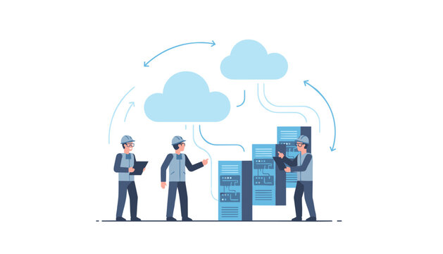 Three technicians in gray uniforms manage a server farm with blue cloud icons and data transfer arrows in a technological environment.