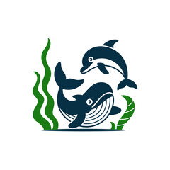 Fototapeta premium Vector illustration of two blue dolphins swimming in the ocean with green seaweed on white background