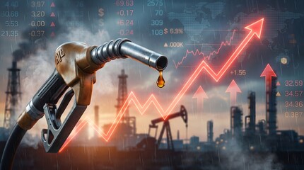 Fototapeta premium Fuel price increase concept with gas pump and industrial background
