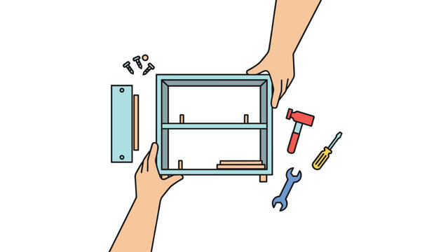 A top-down view of hands assembling a small blue wooden shelving unit with a hammer, wrench, and screwdriver scattered on a white surface.