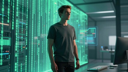 Fototapeta premium A man stands in a futuristic data center surrounded by glowing green binary code and computer servers.