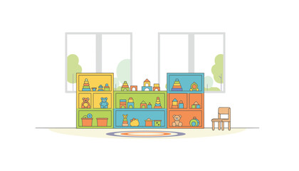 Naklejka premium A playroom contains three colorful toy shelves filled with blocks and stacking rings in front of two large windows.