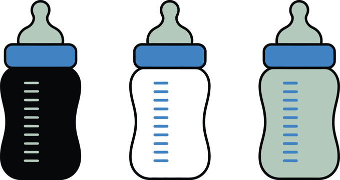 Baby bottle, icons, parenting and childcare feeding symbols featuring newborn bottles with measurement scale and nipple variations.