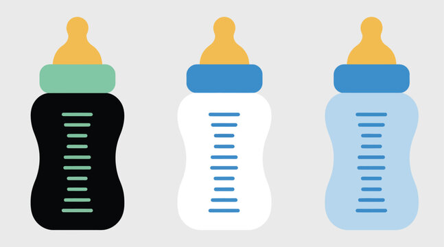 Baby feeding, bottle icon set, infant care and newborn feeding symbols with measurement markers and different nipple tops.