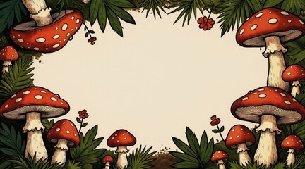 Obraz premium Red and white spotted mushrooms and green leaves form a border. This doodle art has blank space for text or design elements. Ideal for fantasy or nature themes.