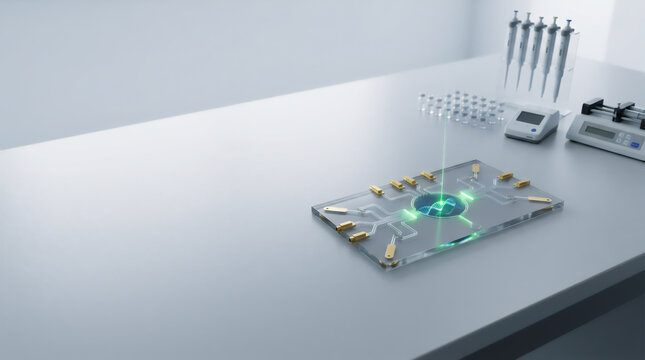Microfluidic lab on a chip device analyzing DNA structure with laser in biotechnology laboratory, generative AI