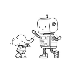 Naklejka premium Cute robot and small robotic elephant interacting in black and white line art style