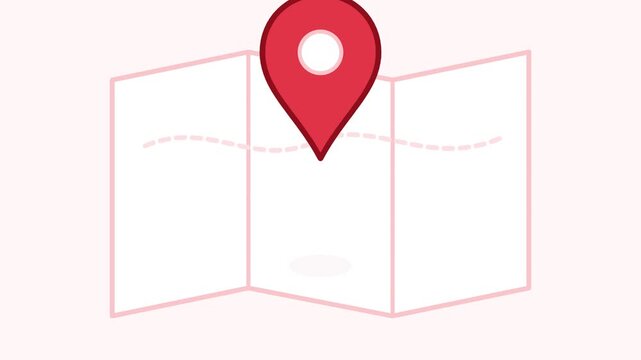 A red pin marks a location on a folded map illustration with a dotted line.