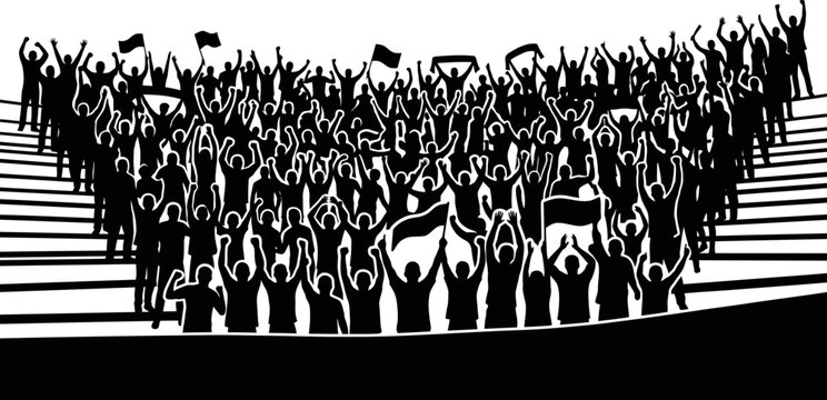 Large crowd of cheering people standing in stadium bleachers rendered as a bold black and white vector graphic illustration design