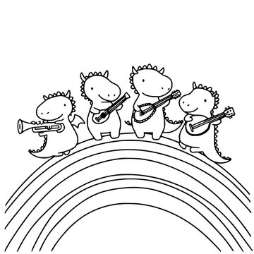 Whimsical cartoon dragons playing trumpet and banjos on a rainbow line art illustration