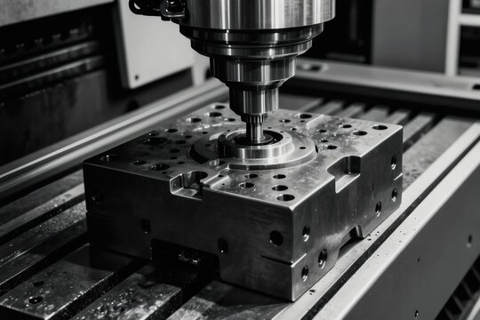 Metal stamping die on milling machine table. Industrial equipment creates precision car parts. Precision engineering, manufacturing process, factory production line. High tech machine tool.