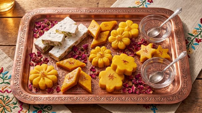 Persian Sweets Gaz Nougat Sohan Halva Saffron Rose Water Arranged Copper Tray Nowruz
