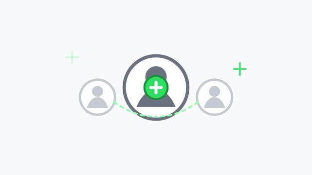 Minimalist user profile animation, add friend icon with green plus symbol, social media networking concept, flat vector motion graphics for web UI