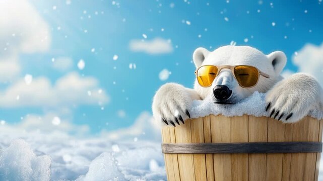 A relaxed polar bear wearing sunglasses sits inside a wooden bucket during a snowy winter day.