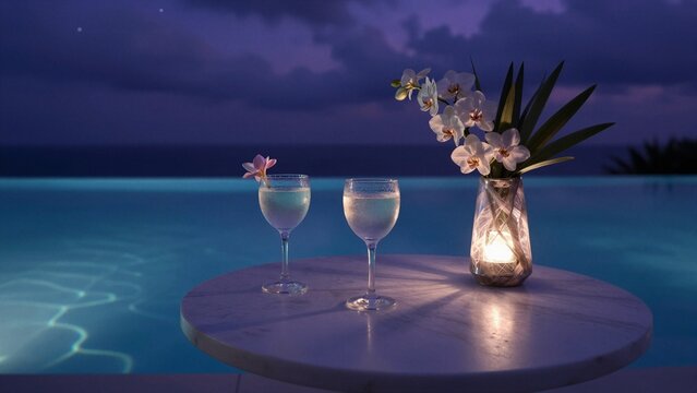 Two chilled drinks and a vase of orchids on a table beside an infinity pool under a twilight sky.