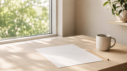 Jasne minimalistyczne biurko z pustą kartką papieru