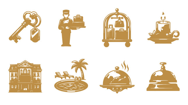 Hotel service icons set, includes key, bellhop, luggage cart, candle, hotel building.