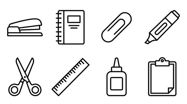Set of stationery icons, includes stapler, notebook, paperclip, marker, scissors, ruler.