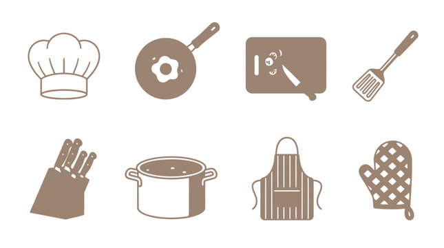 Set of kitchen and cooking elements chef hat pan apron and utensils flat design.