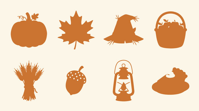 Fall season silhouettes collection for autumn harvest decoration and thanksgiving designs.