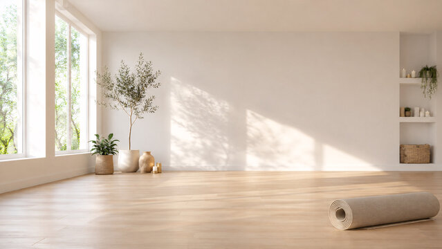 Jasna minimalistyczna sala do jogi z naturalnym światłem