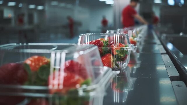 Workers sort and package strawberries in a warehouse during a busy day at the facility in summer