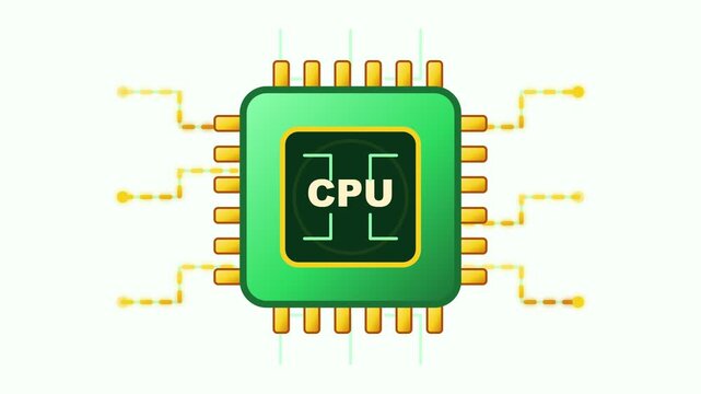 CPU, computer processor, green microchip, electronic component, technology icon