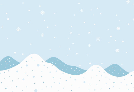 Minimalist Snowy Landscape with Falling Snowflakes and Blue Hills